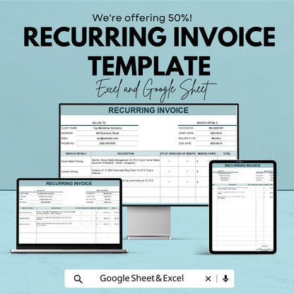Recurring Invoice Template | Subscription Billing Template | Automated Invoice Sheet | Editable Business Billing | Printable Payment Tracker
