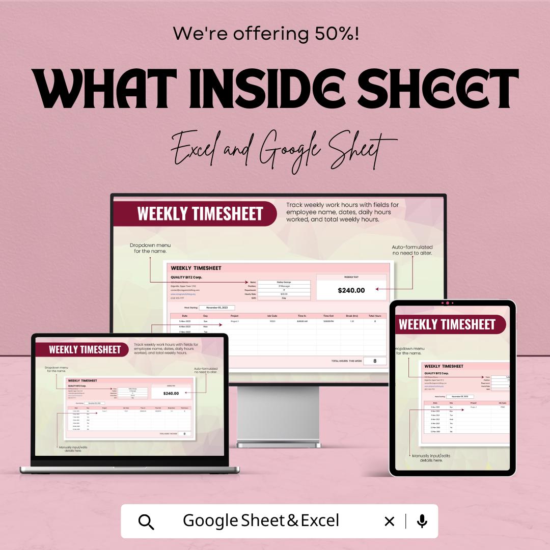 Weekly Timesheet Template – Excel & Google Sheets, 50% OFF – Track Employee Hours, Work Schedule, Time Management Tool,