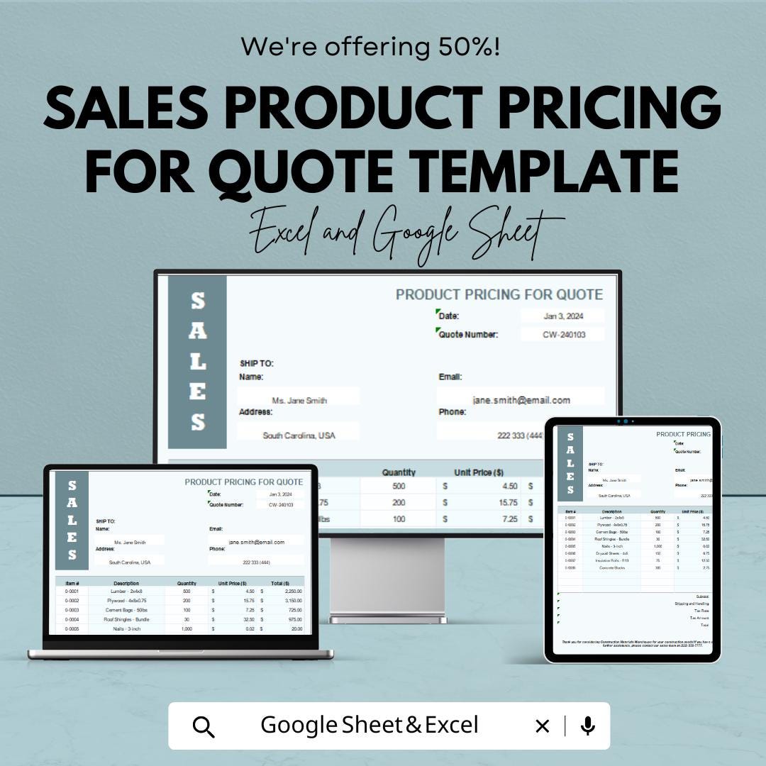 Sales Product Pricing for Quote Template | Excel & Google Sheet | Product Price List | Quote Generator | Sales Estimate Sheet for Business