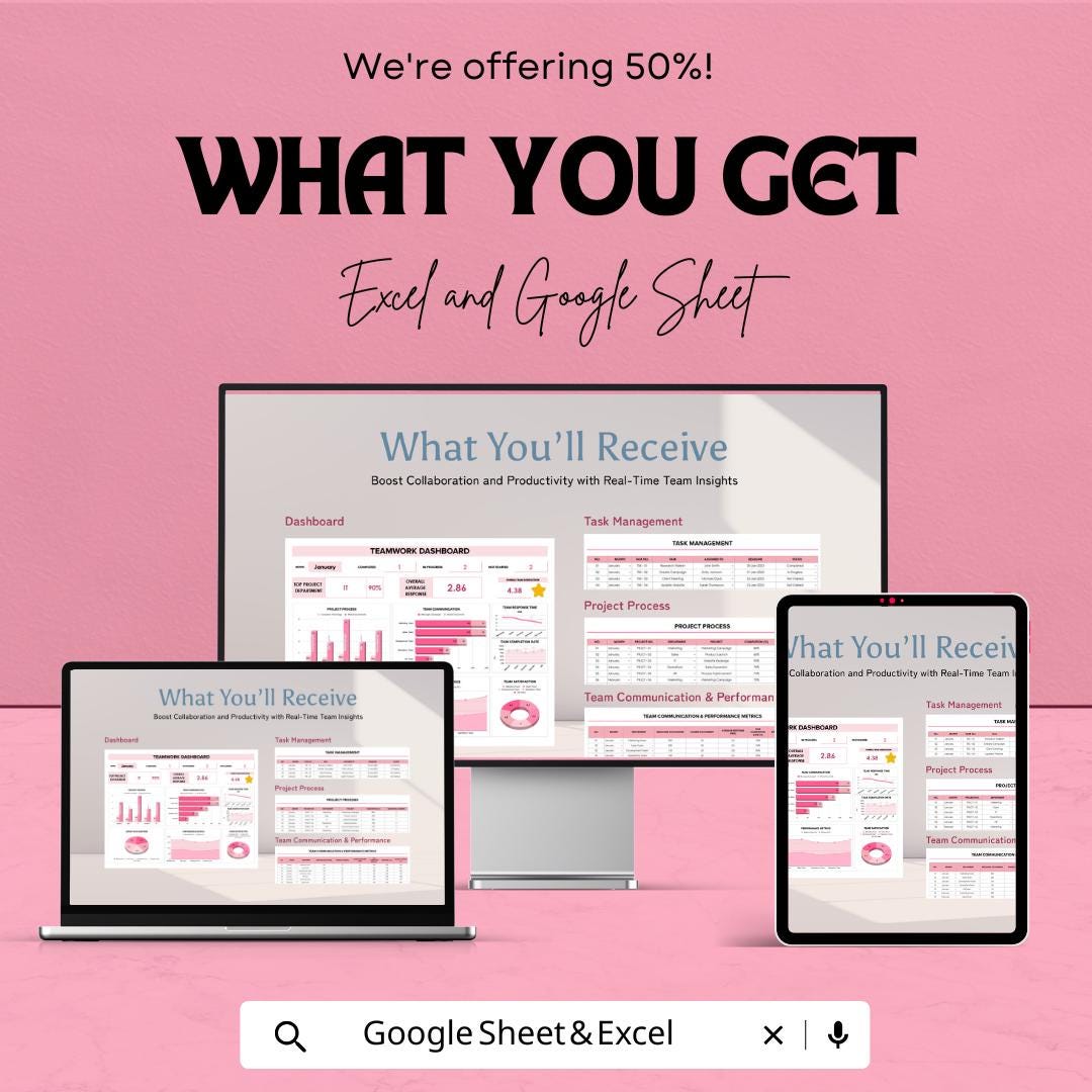 Teamwork Dashboard Sheet - Project Management Excel & Google Sheet - Track Tasks, Team Performance, and Progress - 50% Off Now!