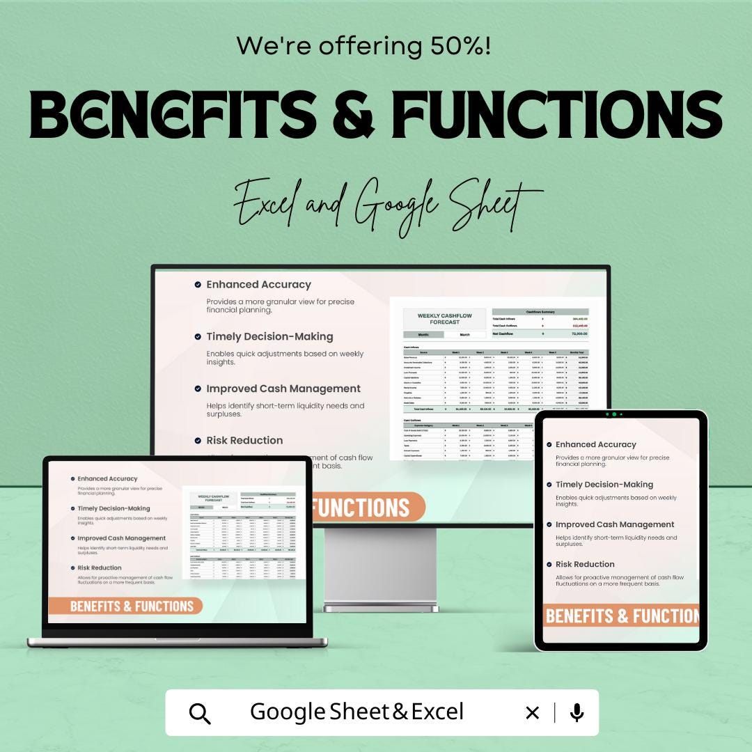 Weekly Cashflow Forecast Template, Excel & Google Sheets Cash Flow Planner, Weekly Budget Spreadsheet, Business Cash Flow Tracker