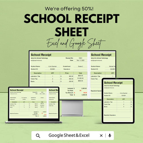 School Receipt Sheet - Excel & Google Sheets Template | Customizable Receipt for Tuition and Fees | Easy Invoice Management for Schools