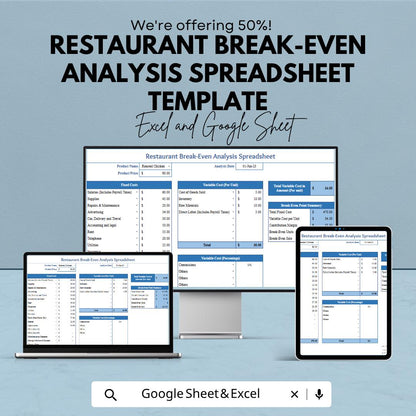 Restaurant Break-Even Analysis Spreadsheet Template | Food Cost Calculator | Profit Margin Planner | Menu Pricing Tool |
