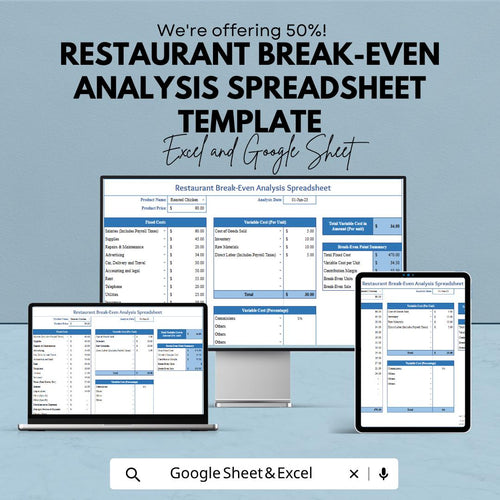 Restaurant Break-Even Analysis Spreadsheet Template | Food Cost Calculator | Profit Margin Planner | Menu Pricing Tool |
