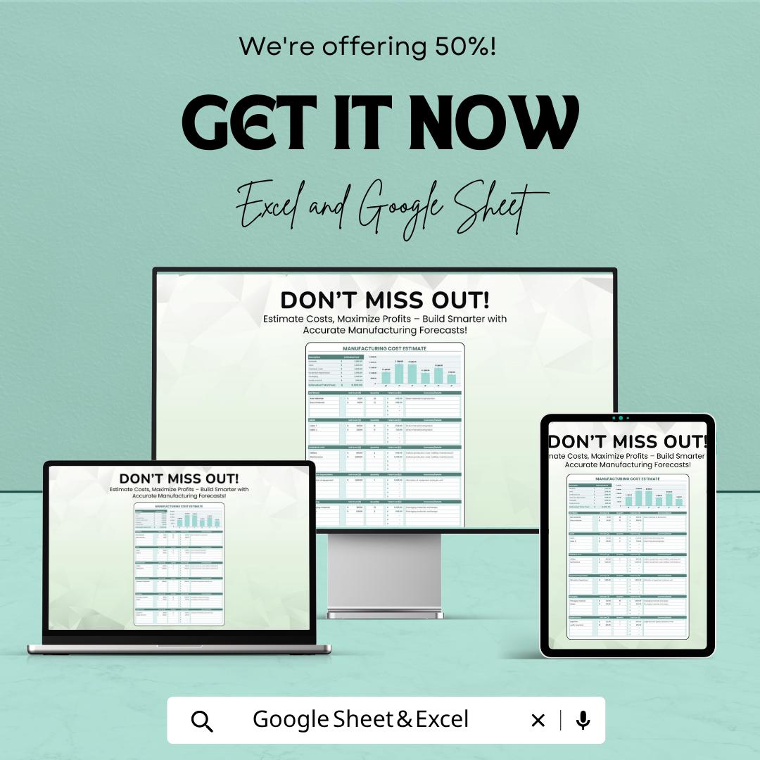 Manufacturing Cost Estimate Template Excel | Production Cost Calculator | Costing Sheet | Product Cost Analysis | Google Sheets Template