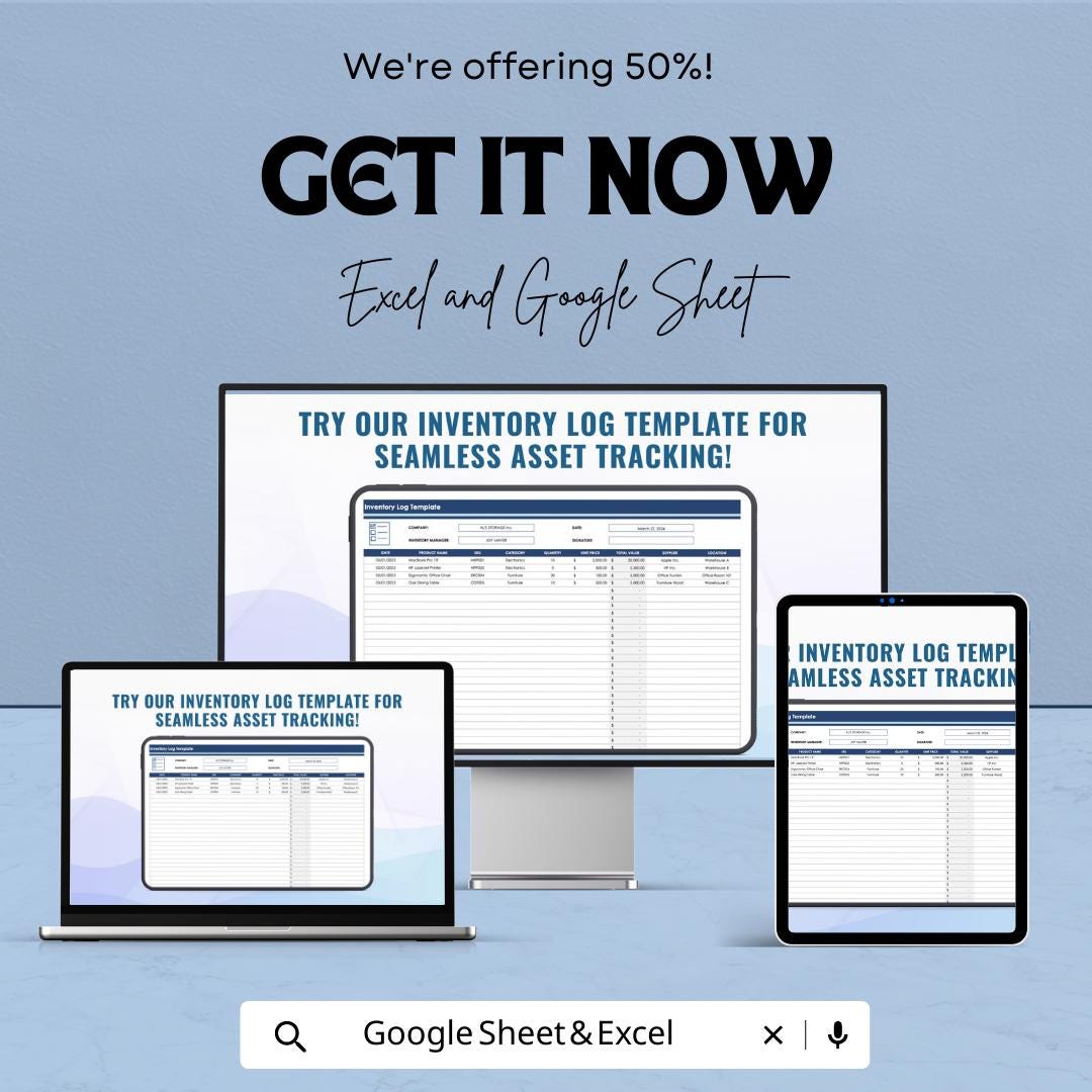 Inventory Log Template | Excel & Google Sheets Inventory Tracker | Stock Management Spreadsheet | Daily Inventory Sheet for Small Business