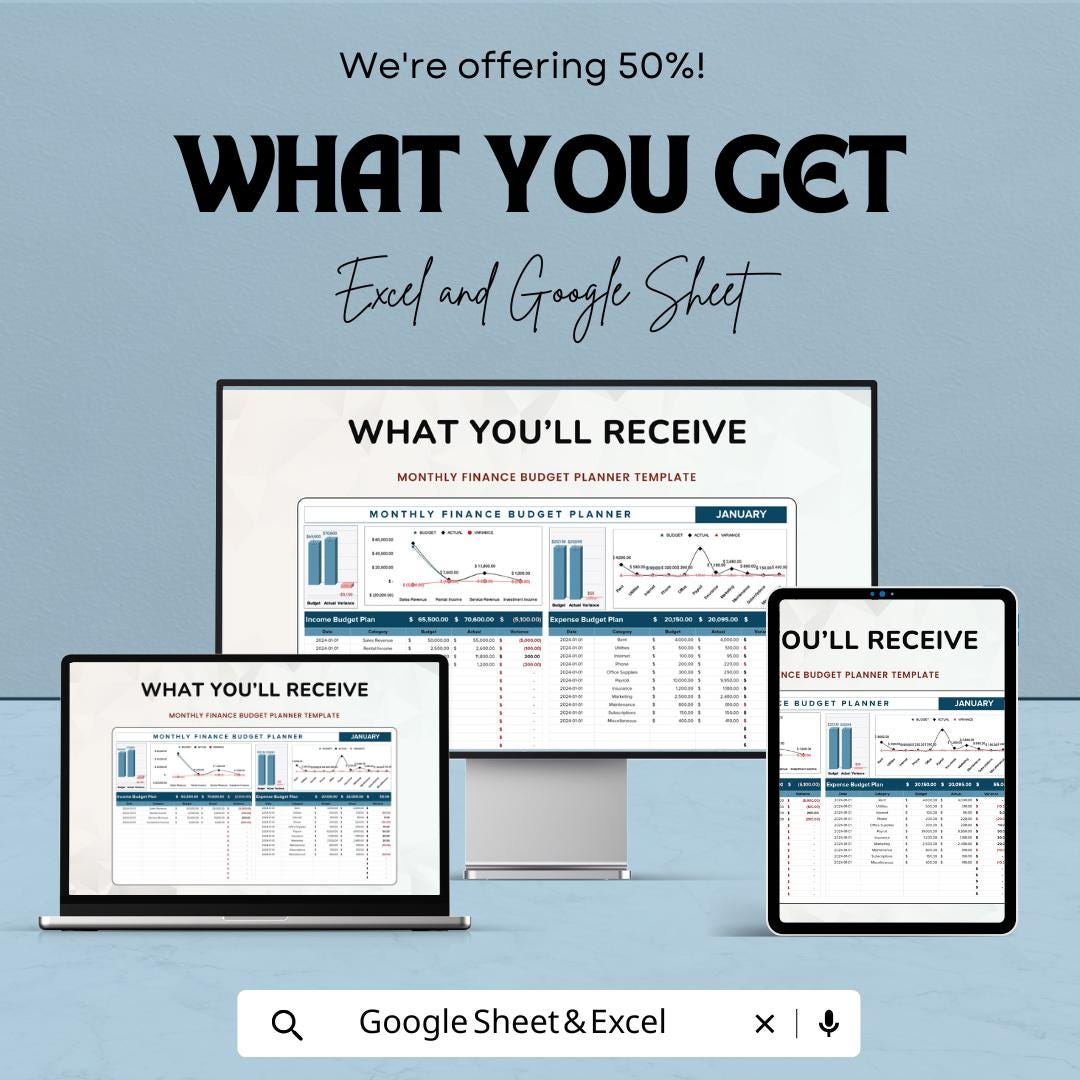 Monthly Finance Budget Planner Sheet | Track Income, Expenses, and Savings | Budget Planner for Personal Finance | Financial Tracker