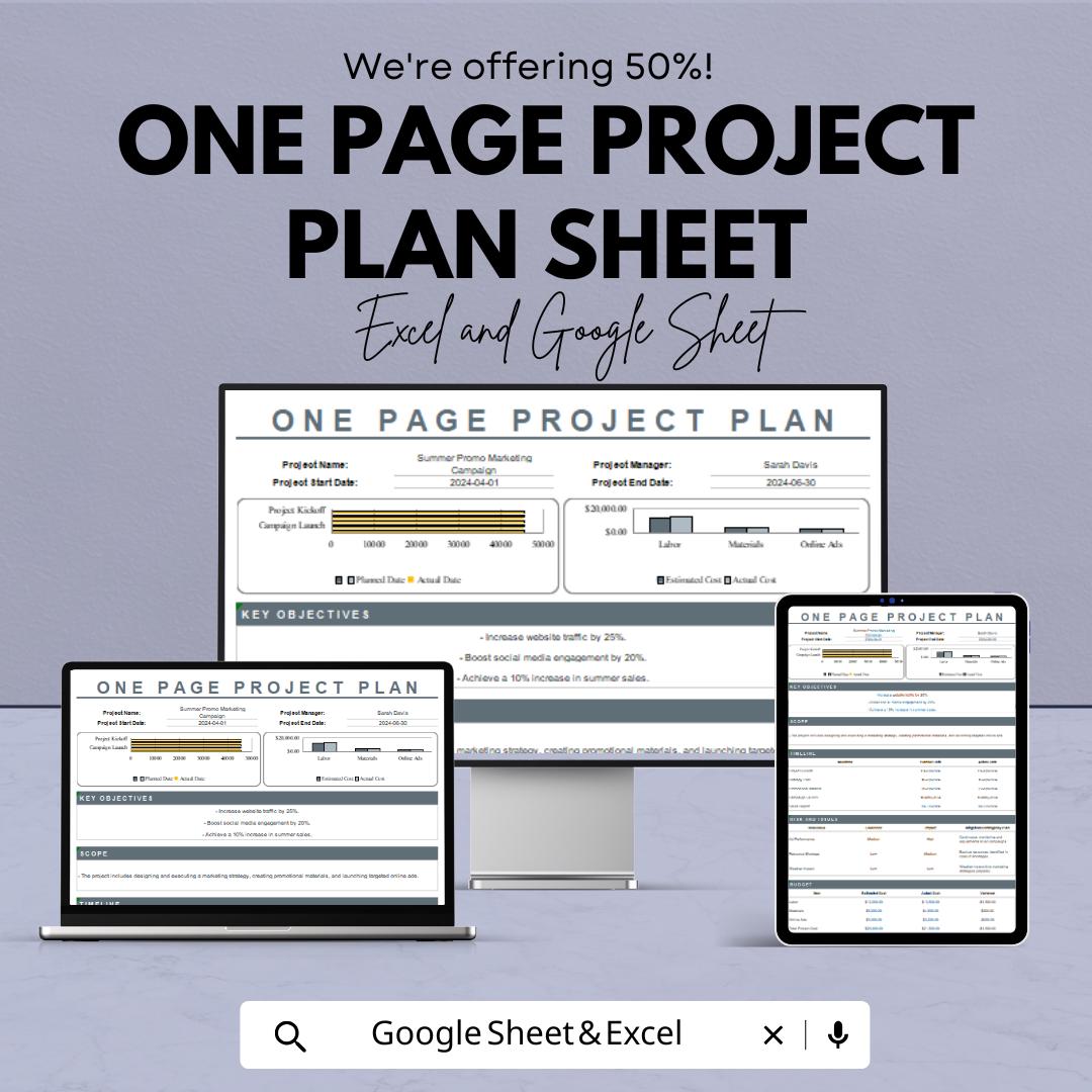 One Page Project Plan Sheet – Excel & Google Sheets Template for Project Management, Budgeting, and Task Tracking