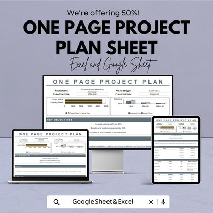 One Page Project Plan Sheet – Excel & Google Sheets Template for Project Management, Budgeting, and Task Tracking
