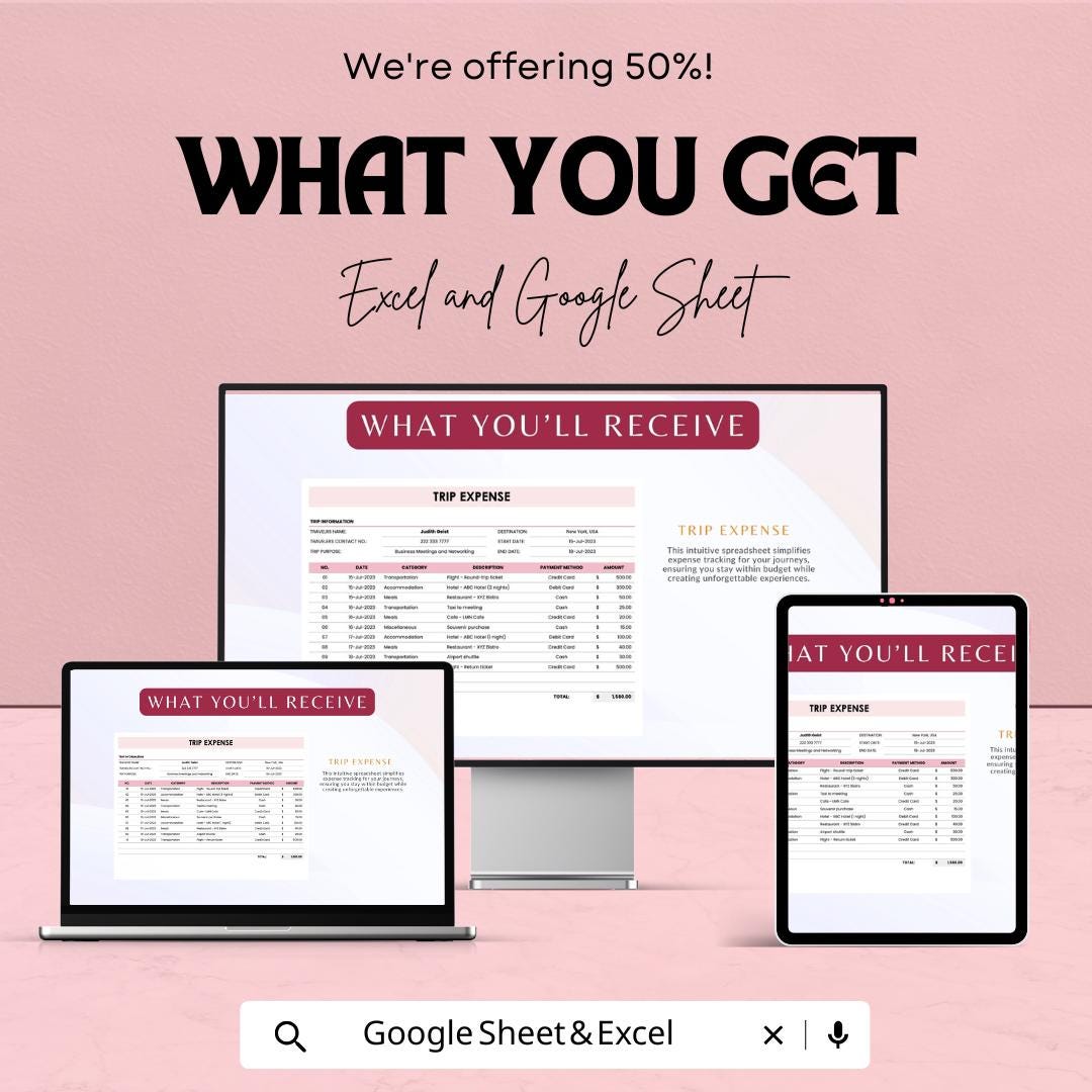 Trip Expense Sheet - Travel Budget Tracker for Business, Personal Trips - Google Sheets & Excel Template