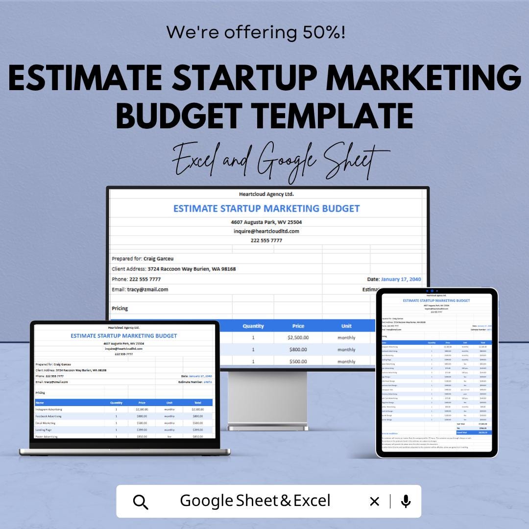 Startup Marketing Budget Template  | Marketing Budget Planner | Expense Tracker Spreadsheet | Small Business Budget