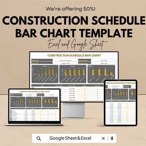 Construction Schedule Bar Chart Template | Project Timeline Planner | Gantt Style Tracker | Contractor Project Management Tool