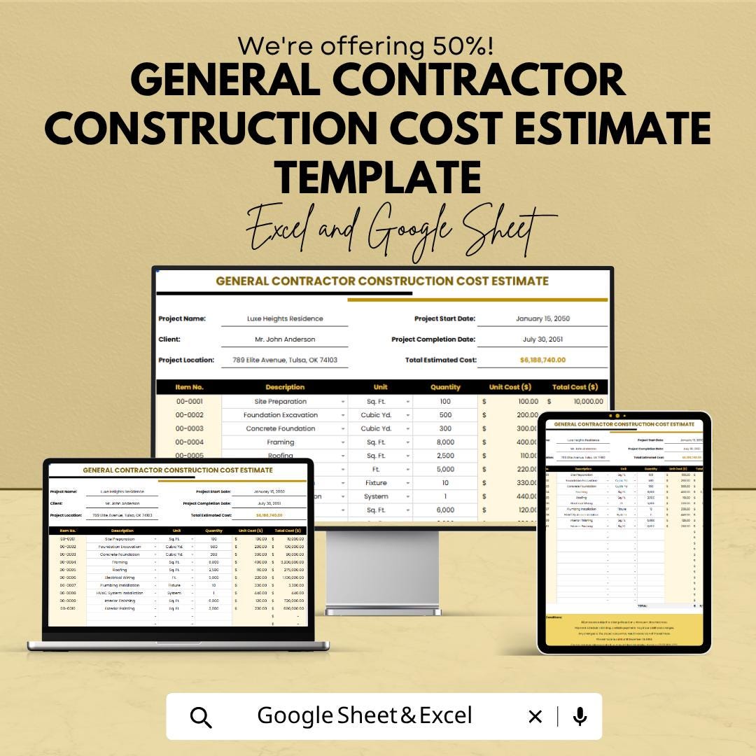 General Contractor Construction Cost Estimate Template | Construction Bid Spreadsheet | Contractor Cost Estimator | Excel & Google Sheets |