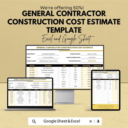 General Contractor Construction Cost Estimate Template | Construction Bid Spreadsheet | Contractor Cost Estimator | Excel & Google Sheets |