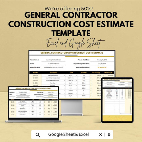 General Contractor Construction Cost Estimate Template | Construction Bid Spreadsheet | Contractor Cost Estimator | Excel & Google Sheets |