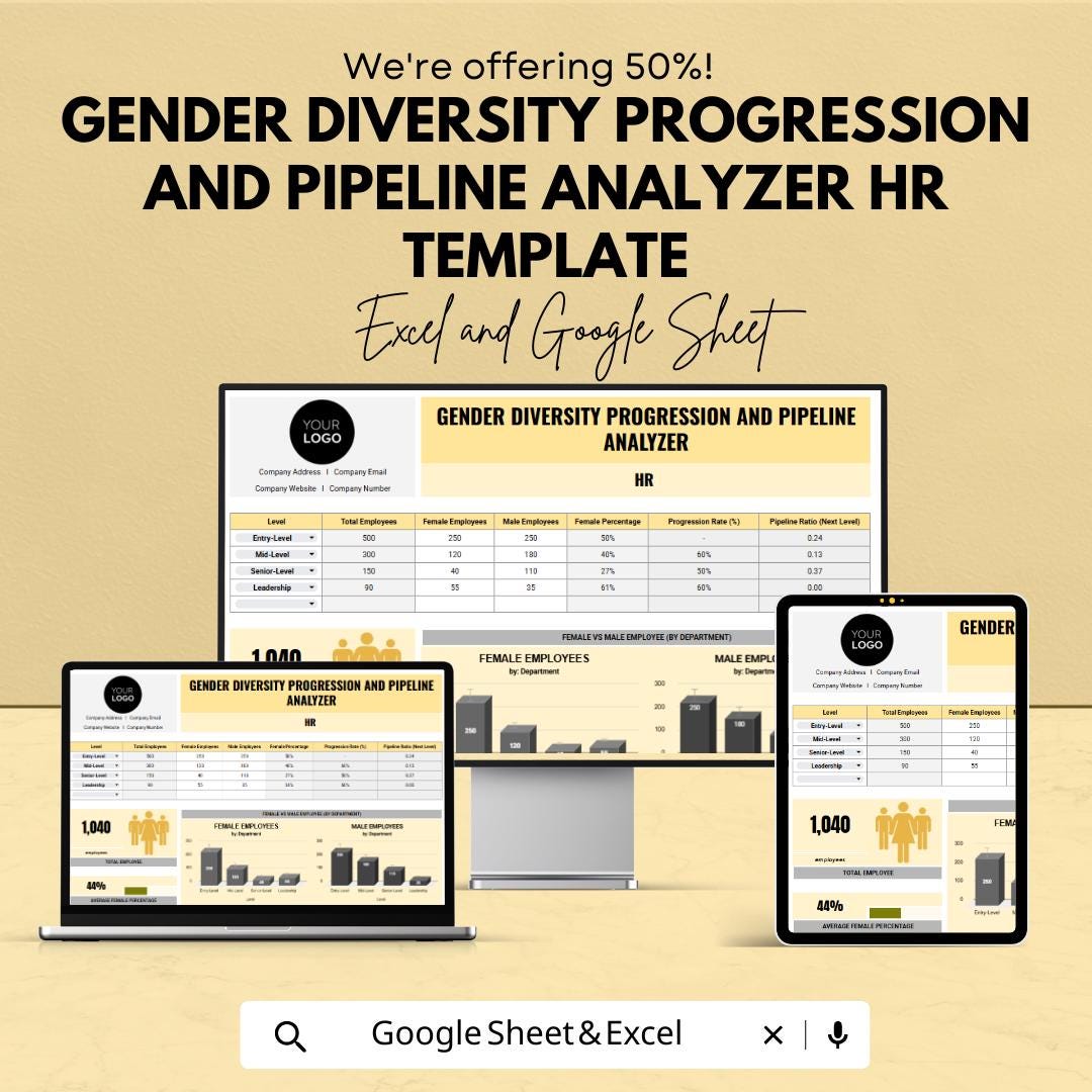 Gender Diversity HR Template, Workforce Diversity Tracker, DEI Dashboard, HR Analytics Sheet, Excel & Google Sheets Diversity Pipeline Tool