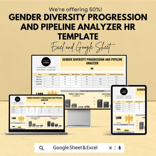 Gender Diversity HR Template, Workforce Diversity Tracker, DEI Dashboard, HR Analytics Sheet, Excel & Google Sheets Diversity Pipeline Tool