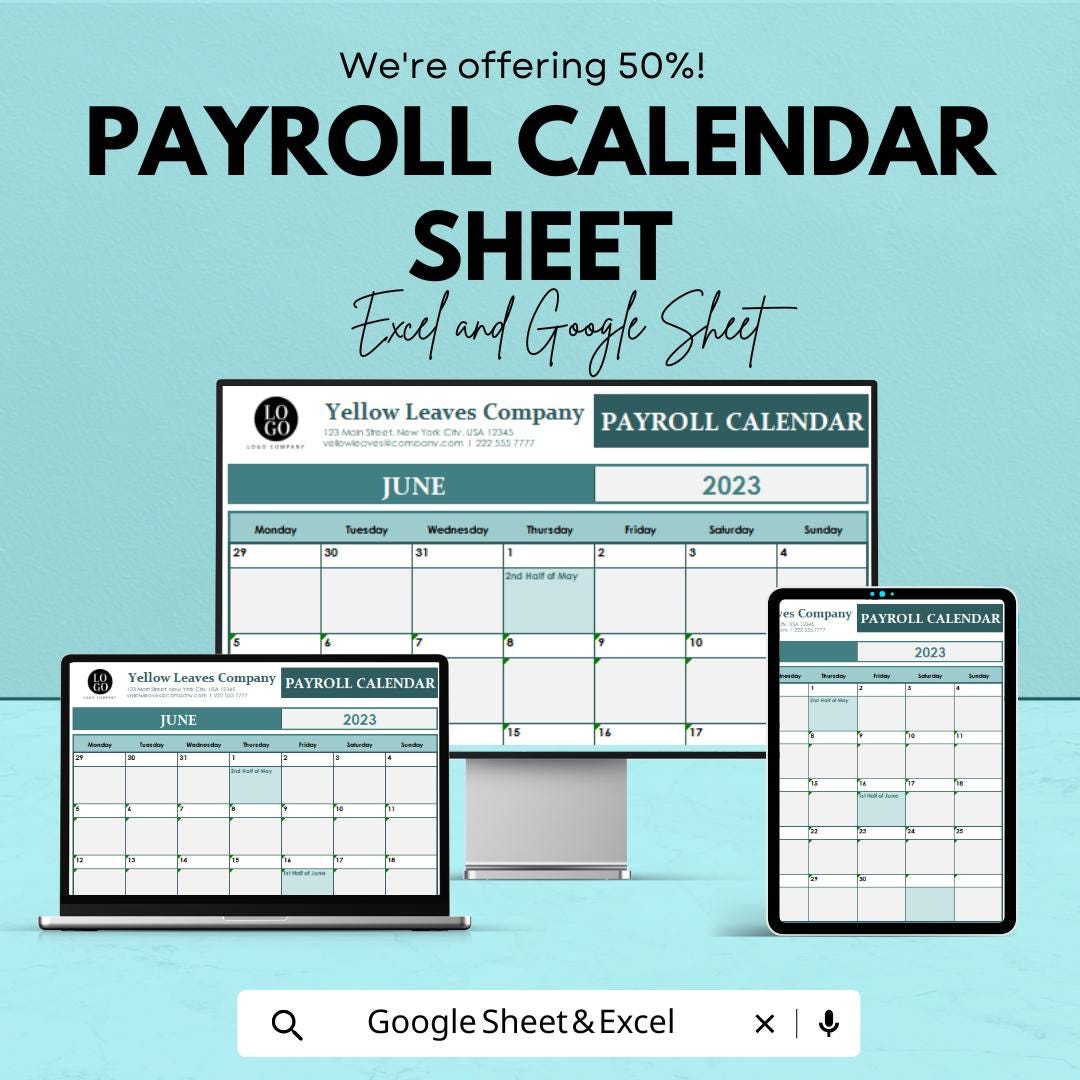 Payroll Calendar Sheet - Excel & Google Sheet - Track Pay Periods, Employee Hours, and Payroll Management Template