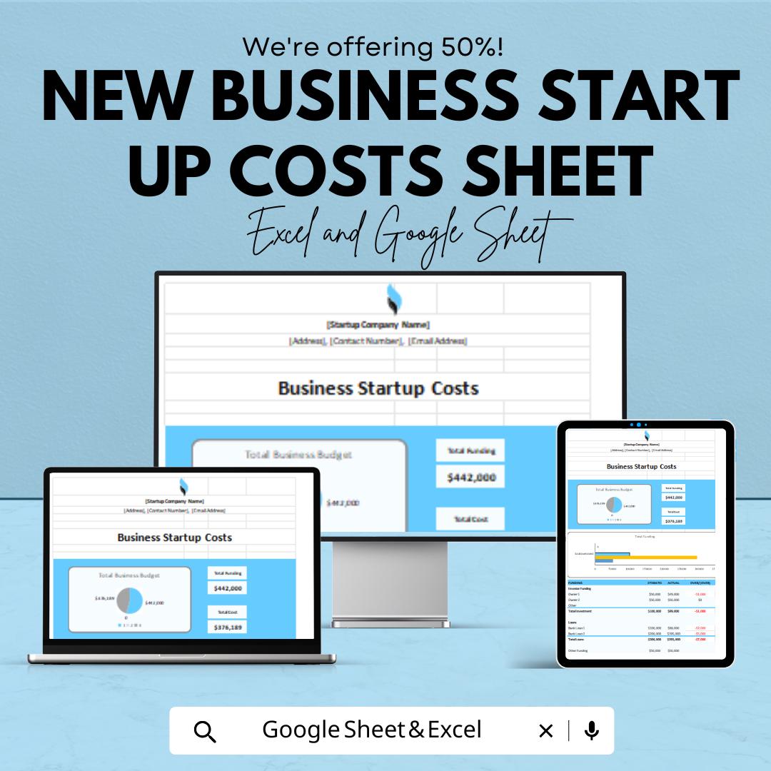 New Business Start Up Costs Sheet - Google Sheets | Startup Budget Planner | Investment & Expense Tracker | Business Planning Template |