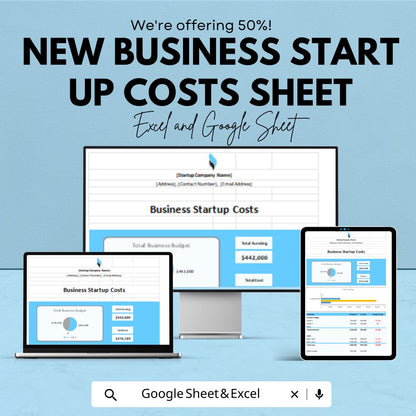 New Business Start Up Costs Sheet - Google Sheets | Startup Budget Planner | Investment & Expense Tracker | Business Planning Template |