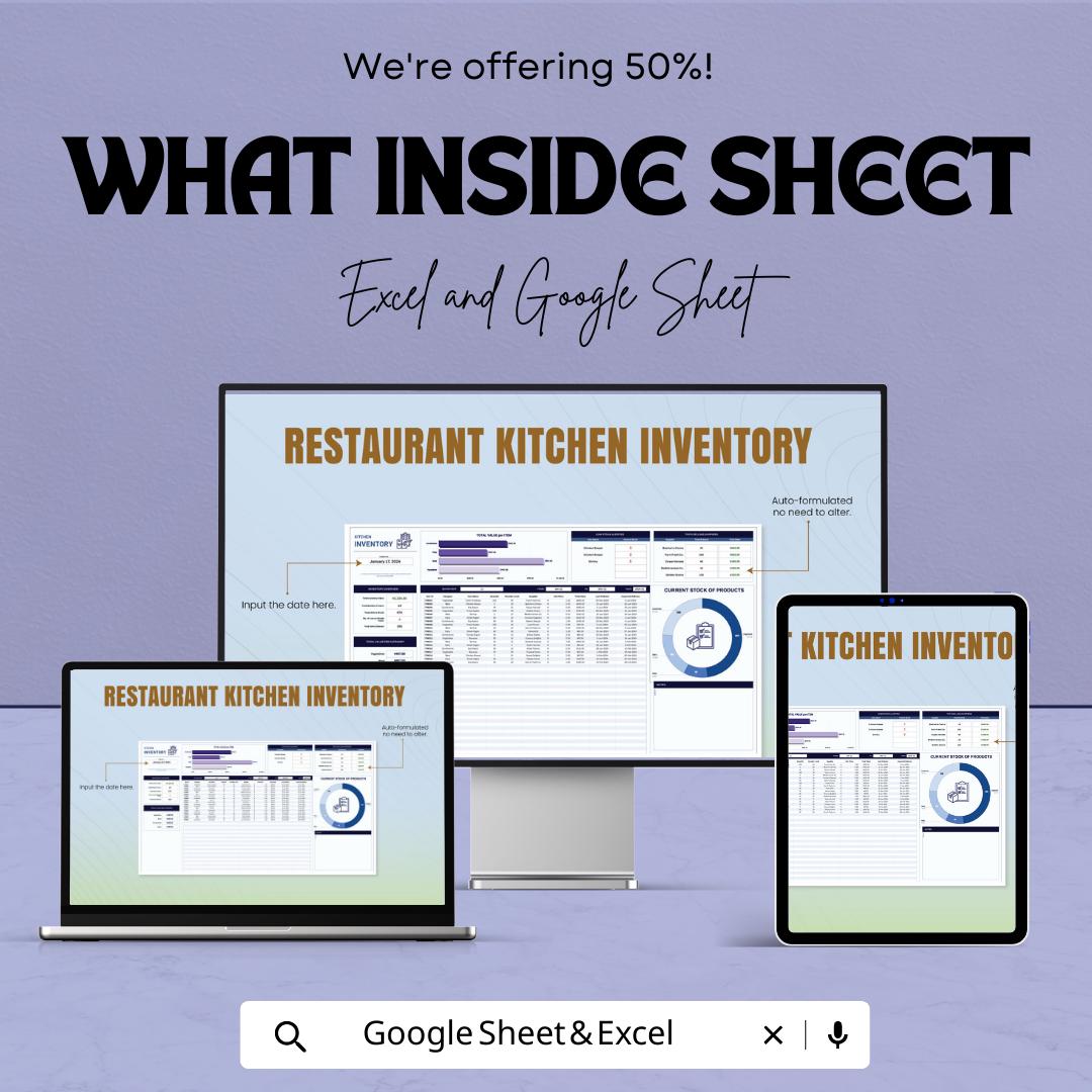 Restaurant Kitchen Inventory Template |  Food Stock Tracker | Commercial Kitchen Inventory Log | Ingredient Management Spreadsheet