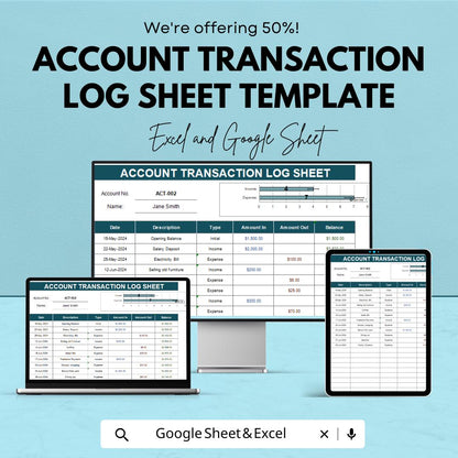 Account Transaction Log Sheet Template | transaction Tracker | Income Expense Log | Finance Tracking Spreadsheet | Account Ledger Template