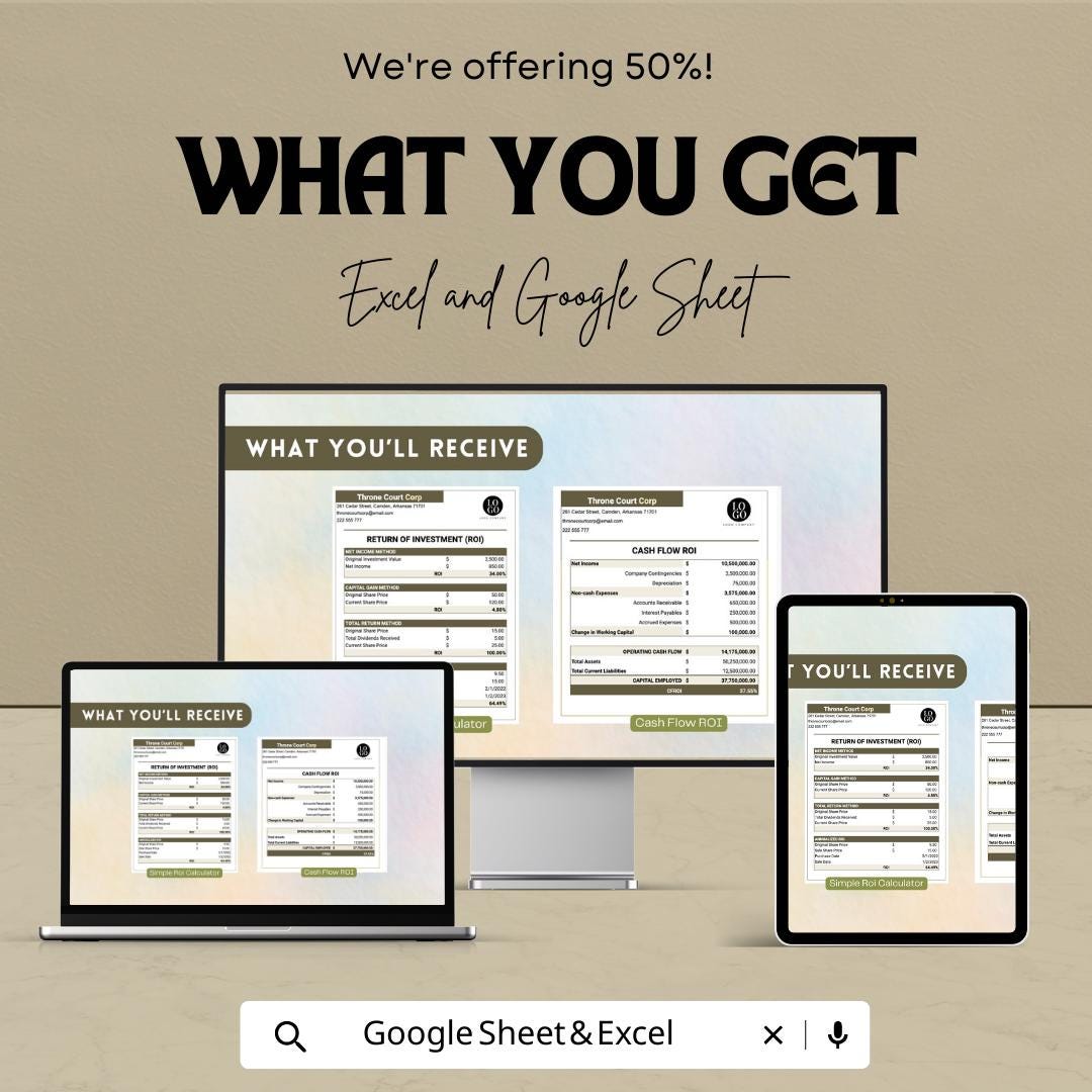 Return On Investment ROI Analysis Template | Excel & Google Sheets ROI Calculator | Investment Analysis Spreadsheet | Profit Tracking Tool