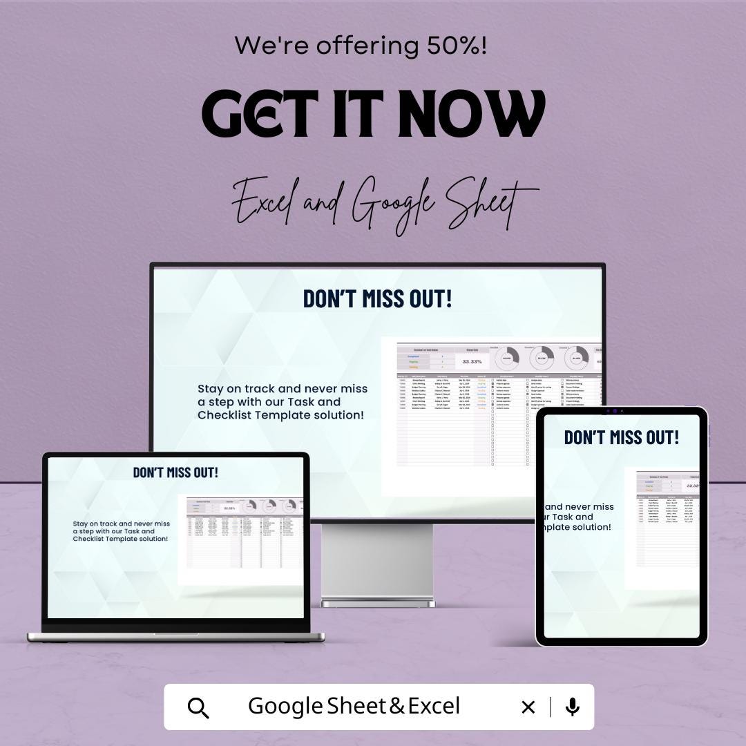 Task and Checklist Sheet - Organize Your Work Efficiently - Google Sheet Template - Task Tracker with Progress Monitor - Task Management
