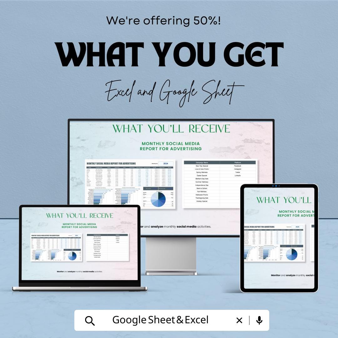 Monthly Social Media Report Template | Social Media Analytics Tracker | Marketing Performance Dashboard | Advertising Report Tracker