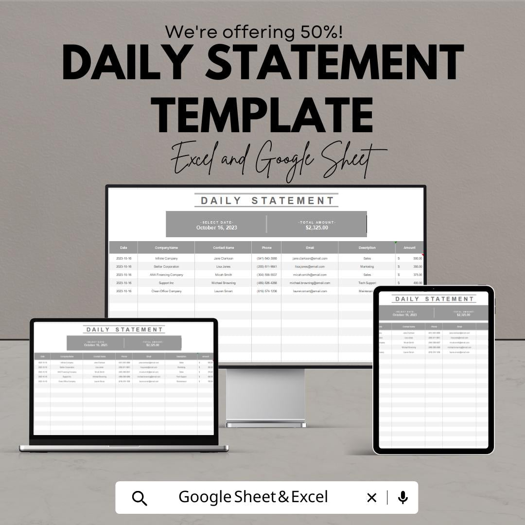 Daily Statement Template | Excel and Google Sheet Tracker | Business Finance Tracker | Income & Expense Report Spreadsheet