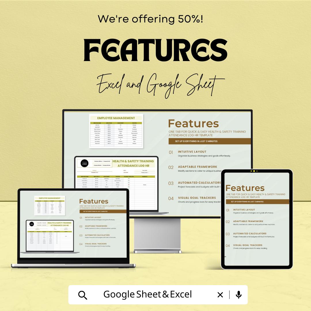 Health & Safety Training Attendance Log HR Template | Employee Safety Training Tracker | Excel and Google Sheets Compliance Log