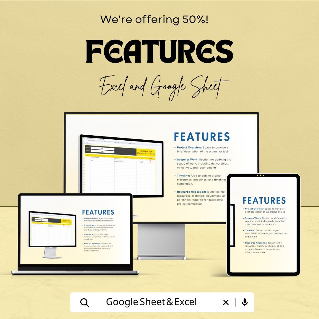 Construction Statement of Work Template | SOW Template | Project Scope Tracker | Construction Planner | Task & Timeline Sheet
