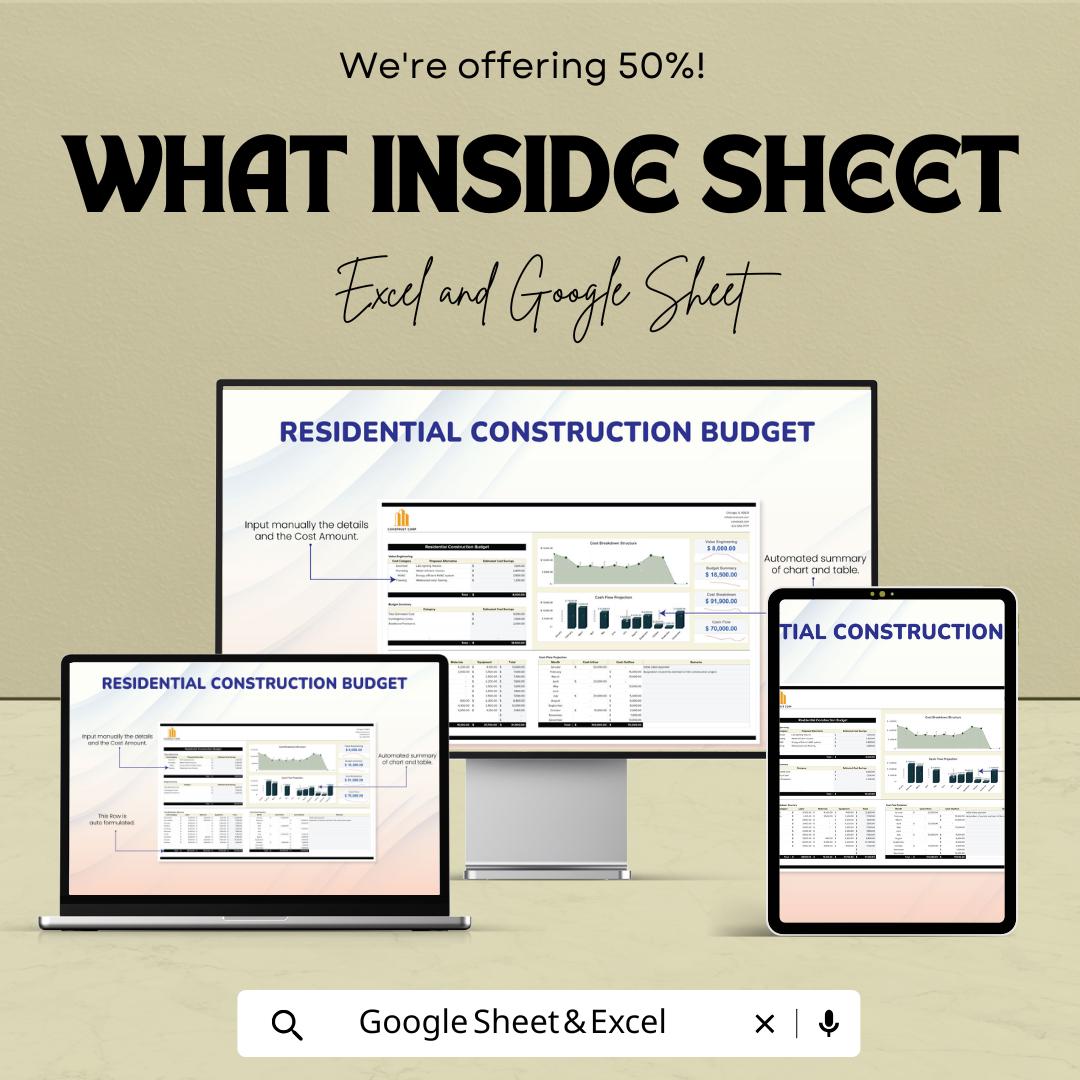 Residential Construction Budget Template | Excel & Google Sheets | Home Build Cost Estimator | Construction Budget Spreadsheet