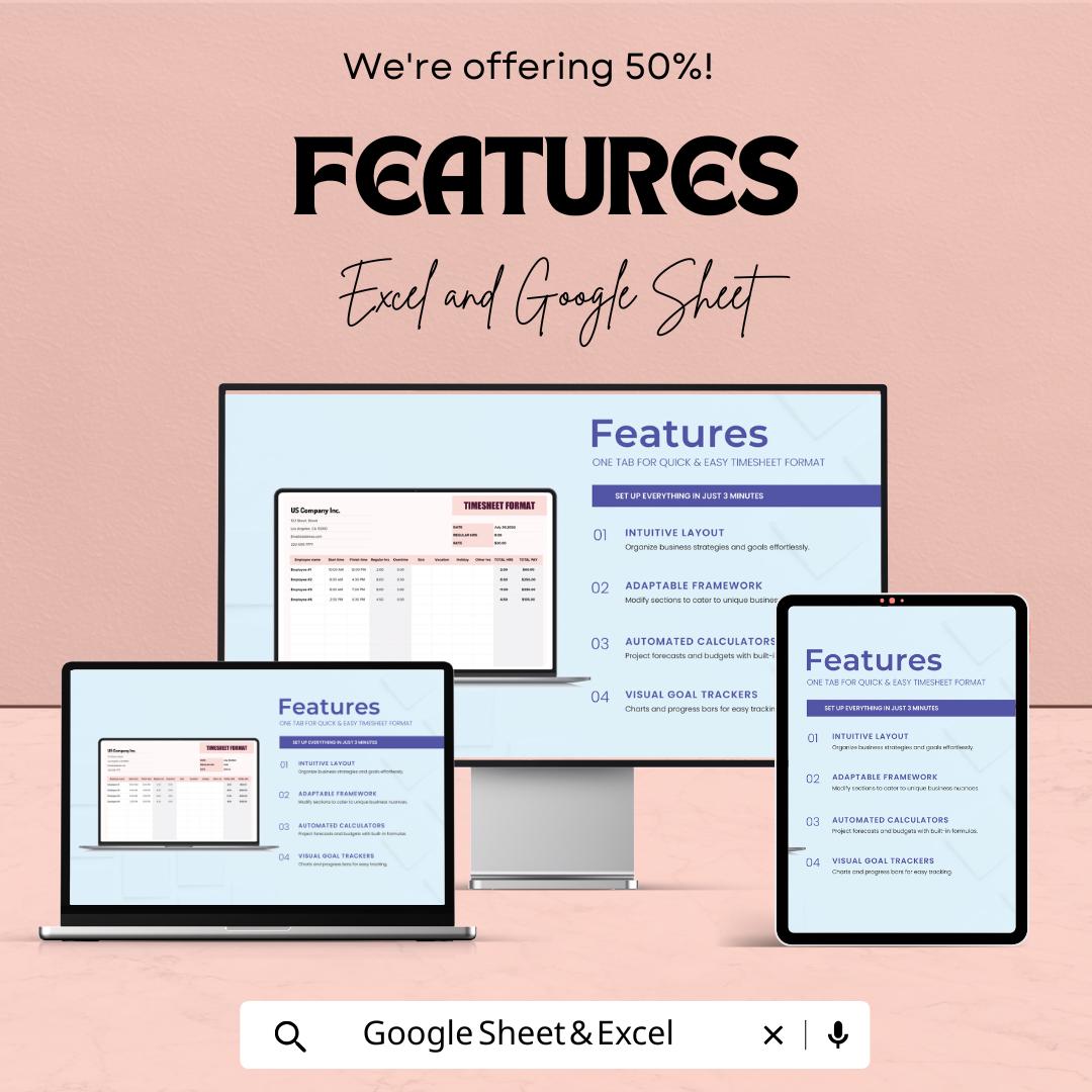Timesheet Format Sheet for Employees | Editable Google Sheet & Excel Template | Track Hours, Overtime, and Pay