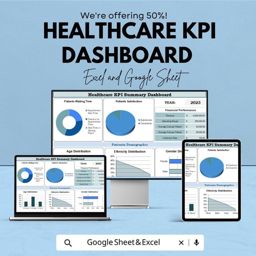 Healthcare KPI Dashboard Excel and Google Sheet | Patient Satisfaction & Financial Metrics | Healthcare Reporting Template