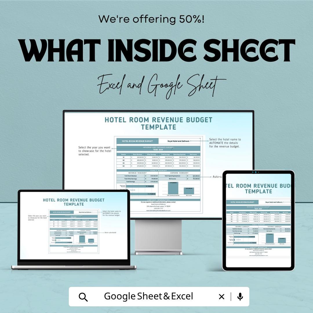 Hotel Room Revenue Budget Template | Hotel Revenue Spreadsheet | Occupancy Forecast Planner | Hospitality Income Tracker