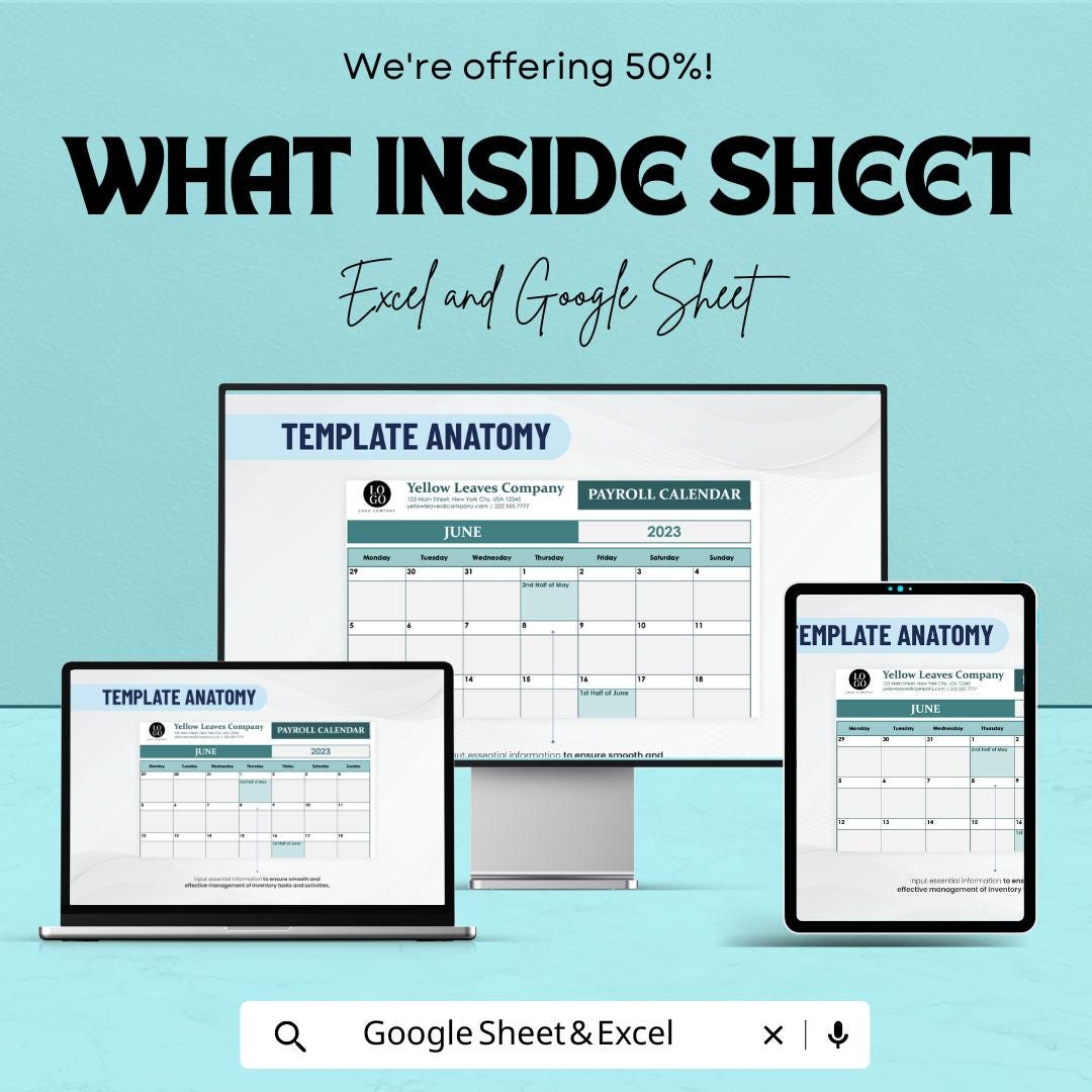 Payroll Calendar Sheet - Excel & Google Sheet - Track Pay Periods, Employee Hours, and Payroll Management Template