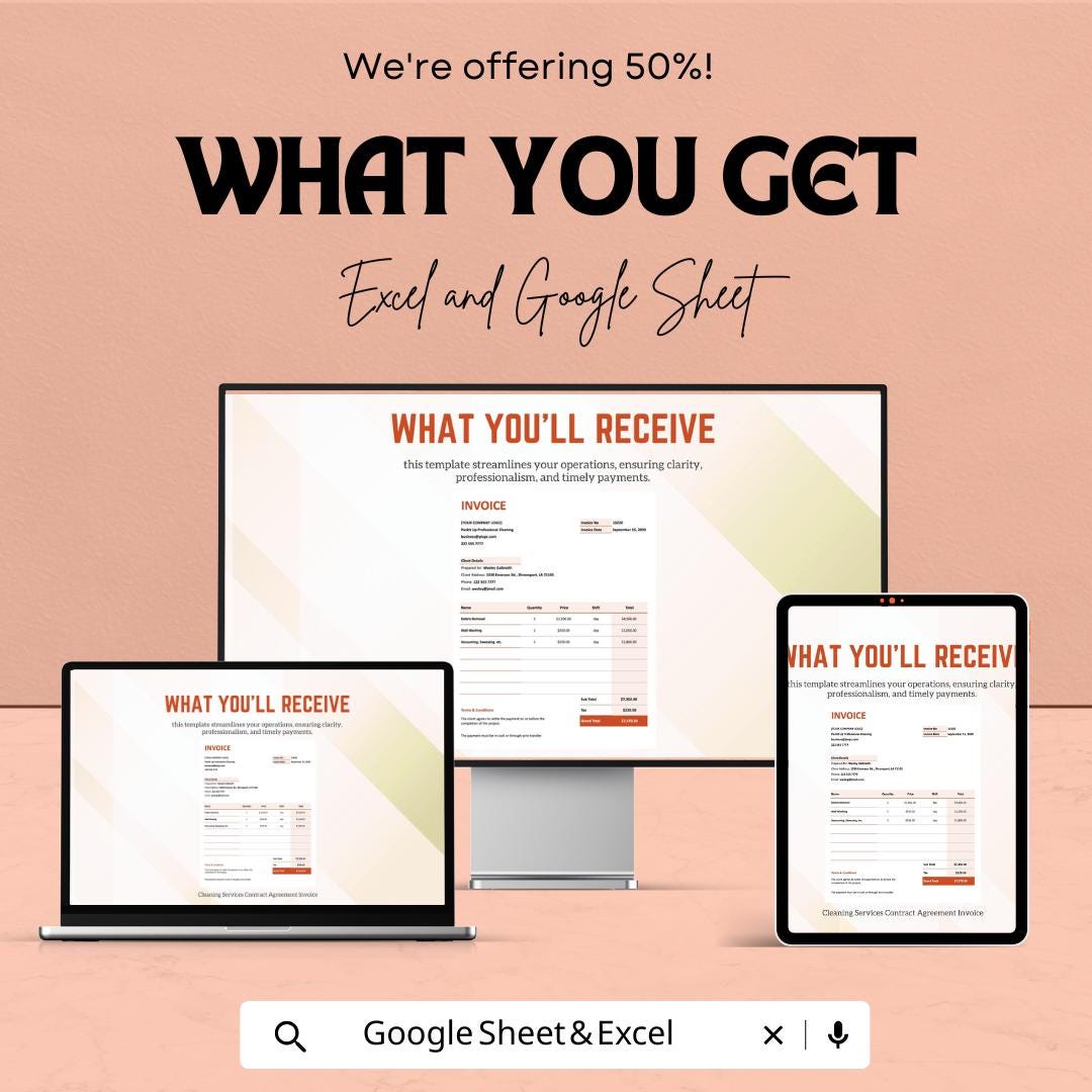 Cleaning Services Contract Agreement Invoice Template | Cleaning Business Invoice | Service Contract Form | Printable Invoice Template