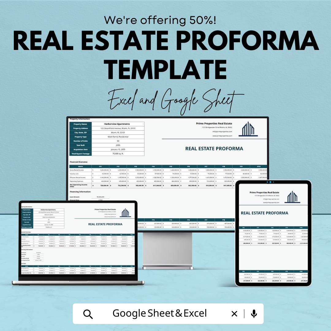 Real Estate Proforma Template, Property Investment Calculator, Rental Property Financial Model, Excel & Google Sheets Proforma