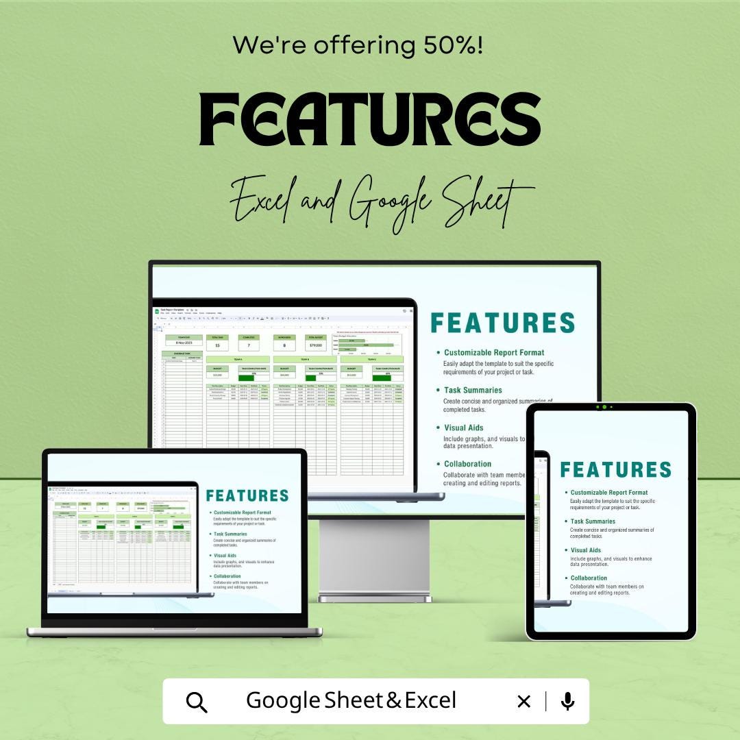 Task Report Template | Task Tracker Spreadsheet | Project Report Template | Task Management Sheet | Excel & Google Sheets | Work Progress