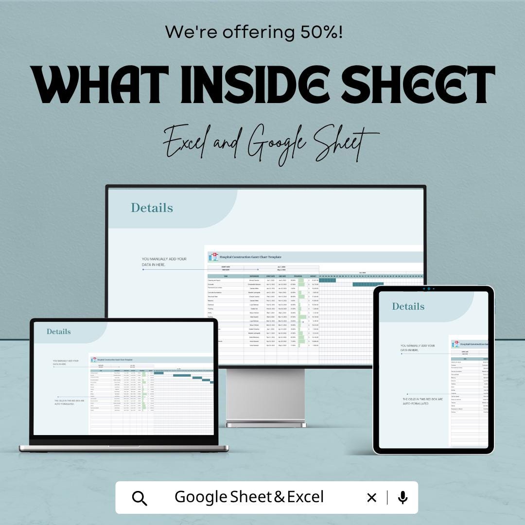 Hospital Construction Gantt Chart Template | Construction Project Timeline Spreadsheet | Excel & Google Sheets | Project Management Planner