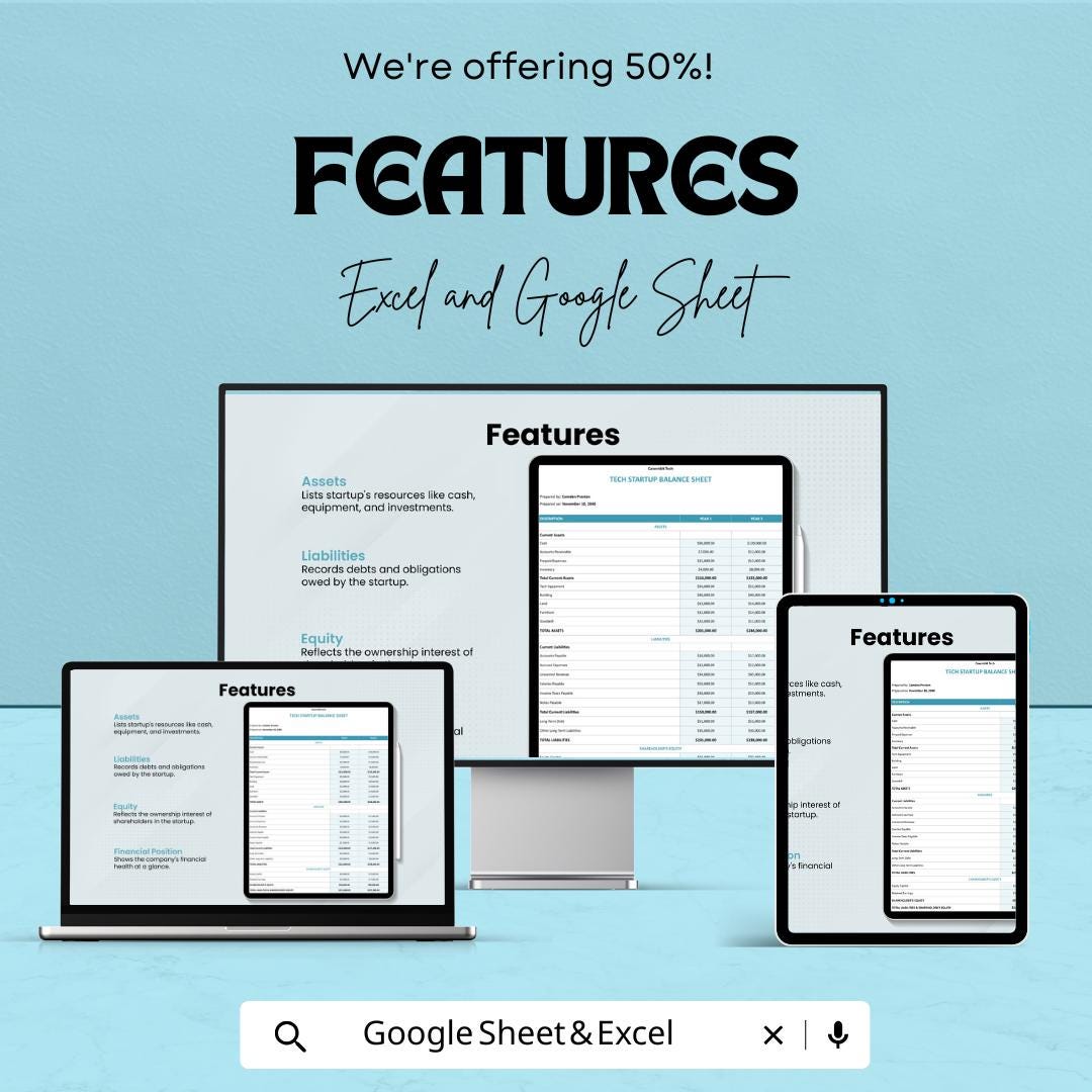 Tech Startup Balance Sheet Template | Excel and Google Sheet | Startup Financial Tracker | Assets Liabilities Equity Sheet