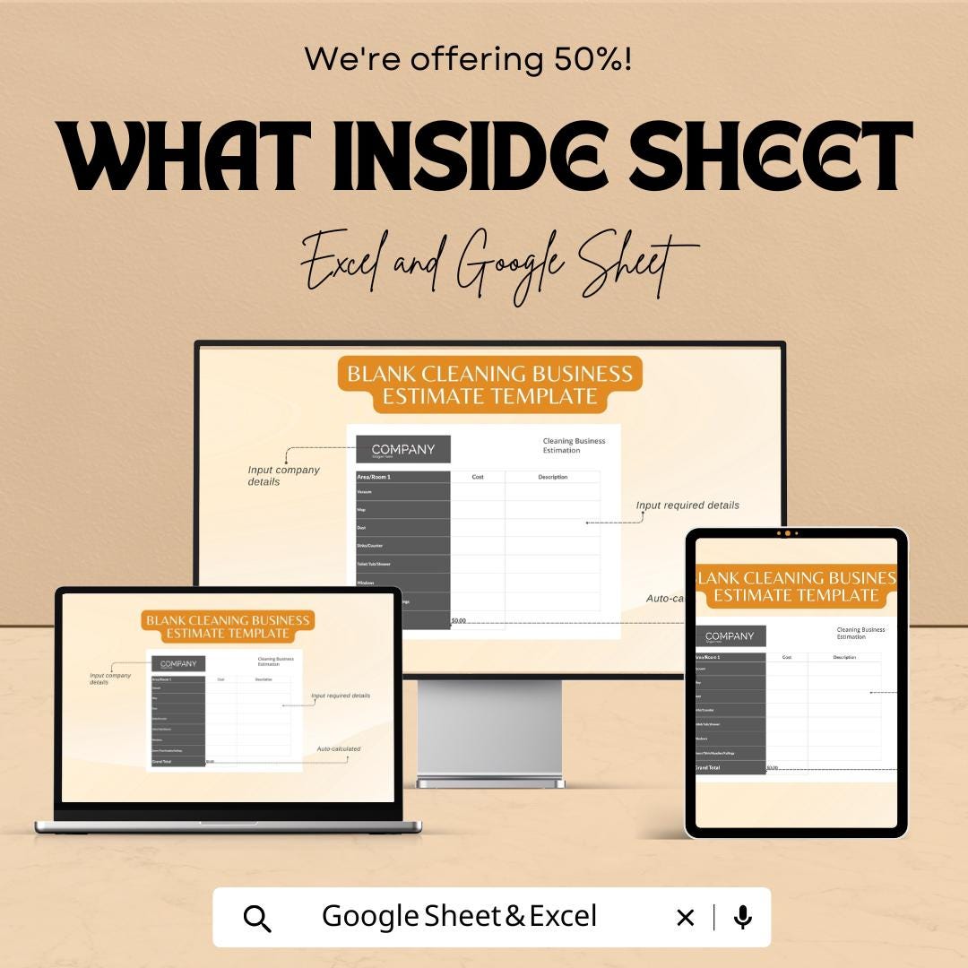 Blank Cleaning Business Estimate Sheet – Excel & Google Sheets Template for Service Estimates, Pricing, and Cost Breakdown