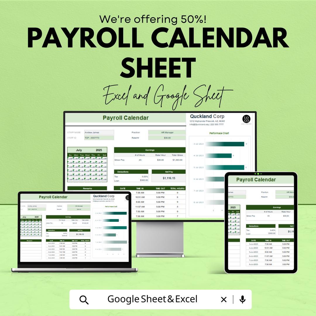 Payroll Calendar Sheet - Google Sheet for Payroll Management | Track Pay Periods, Earnings, and Payment Dates | Budget and Tax Reminders