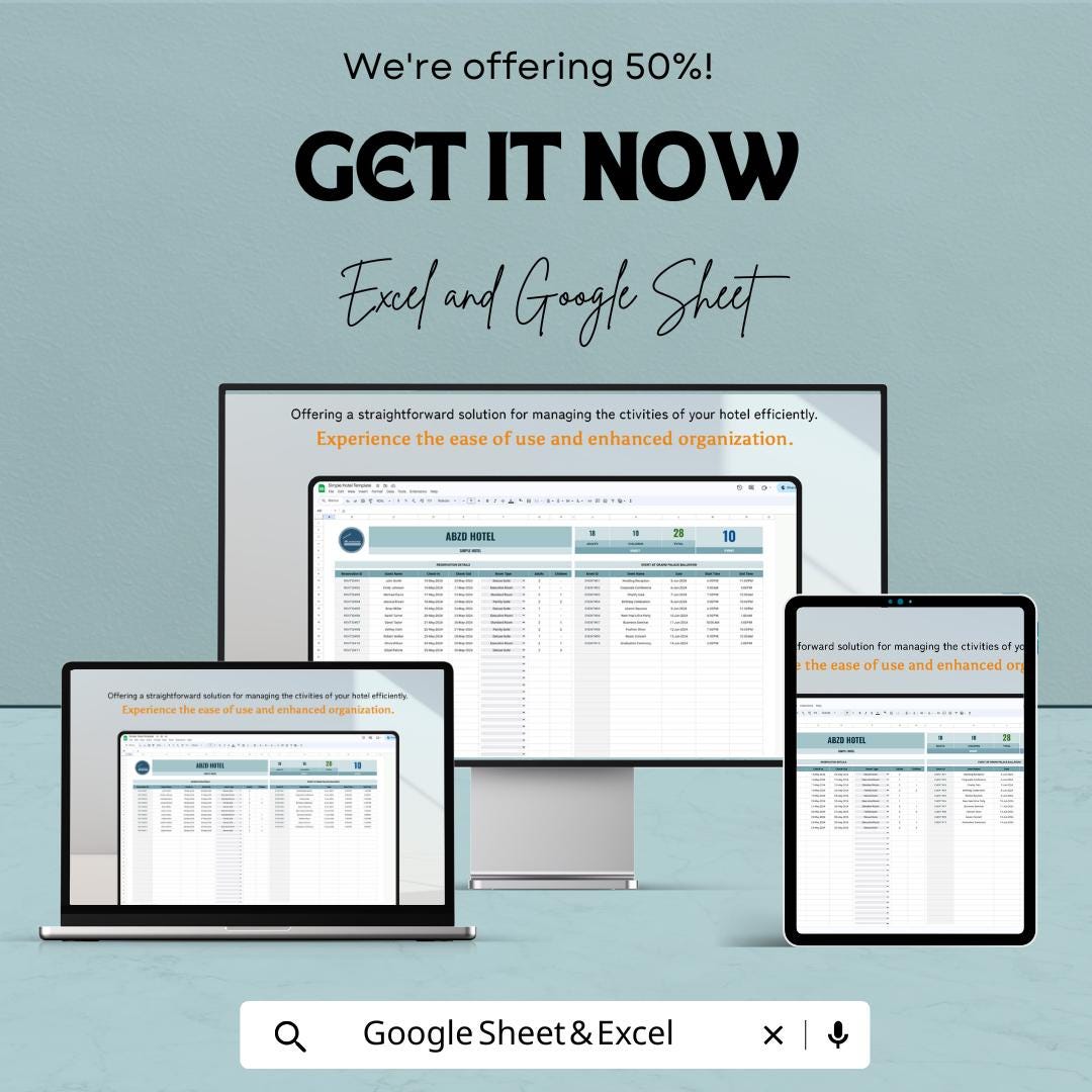 Simple Hotel Management Template | Hotel Reservation Log | Google Sheets & Excel | Room Booking Tracker | Guest Check-In Sheet