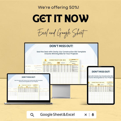 Construction Bid Sheet Template for Projects | Excel & Google Sheets | 50% OFF
