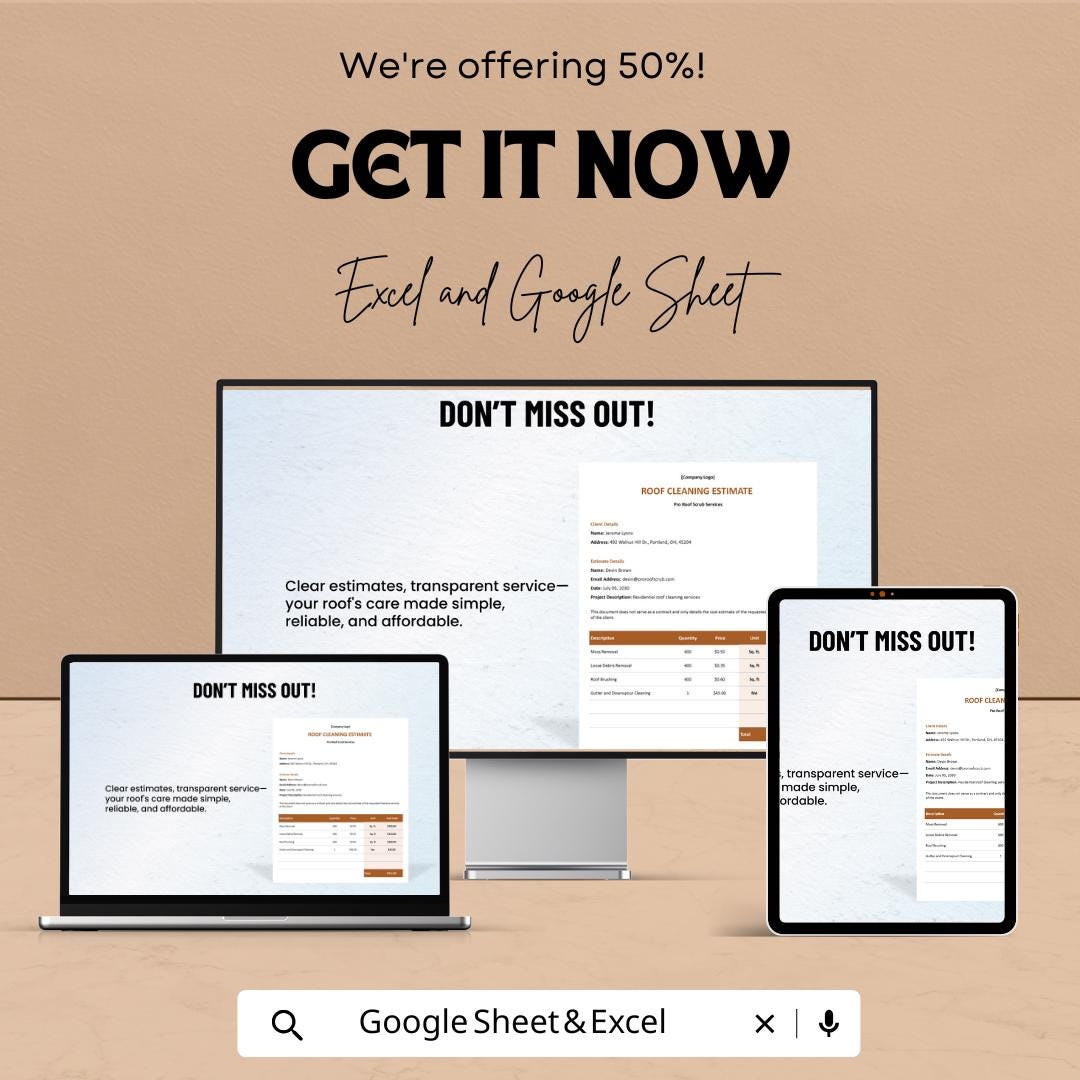 Roof Cleaning Service Estimate Sheet - Excel & Google Sheets Template for Roof Cleaning Quotes, Pricing Estimate Template