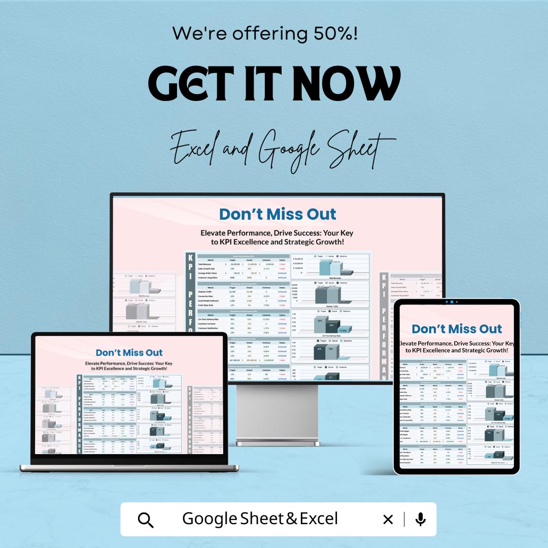KPI Performance Sheet | Excel & Google Sheets Dashboard for Tracking Key Metrics | Business Performance, and Growth