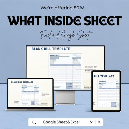 Blank Bill Template Sheet – Customizable Invoice Template for Excel and Google Sheets, Professional Billing, Editable Bill Format,