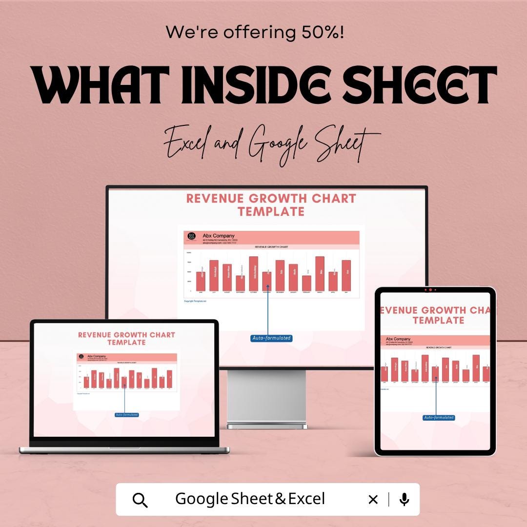 Revenue Growth Chart Template Excel | Sales Growth Tracker Google Sheets | Business Revenue Dashboard | Monthly Sales Chart |